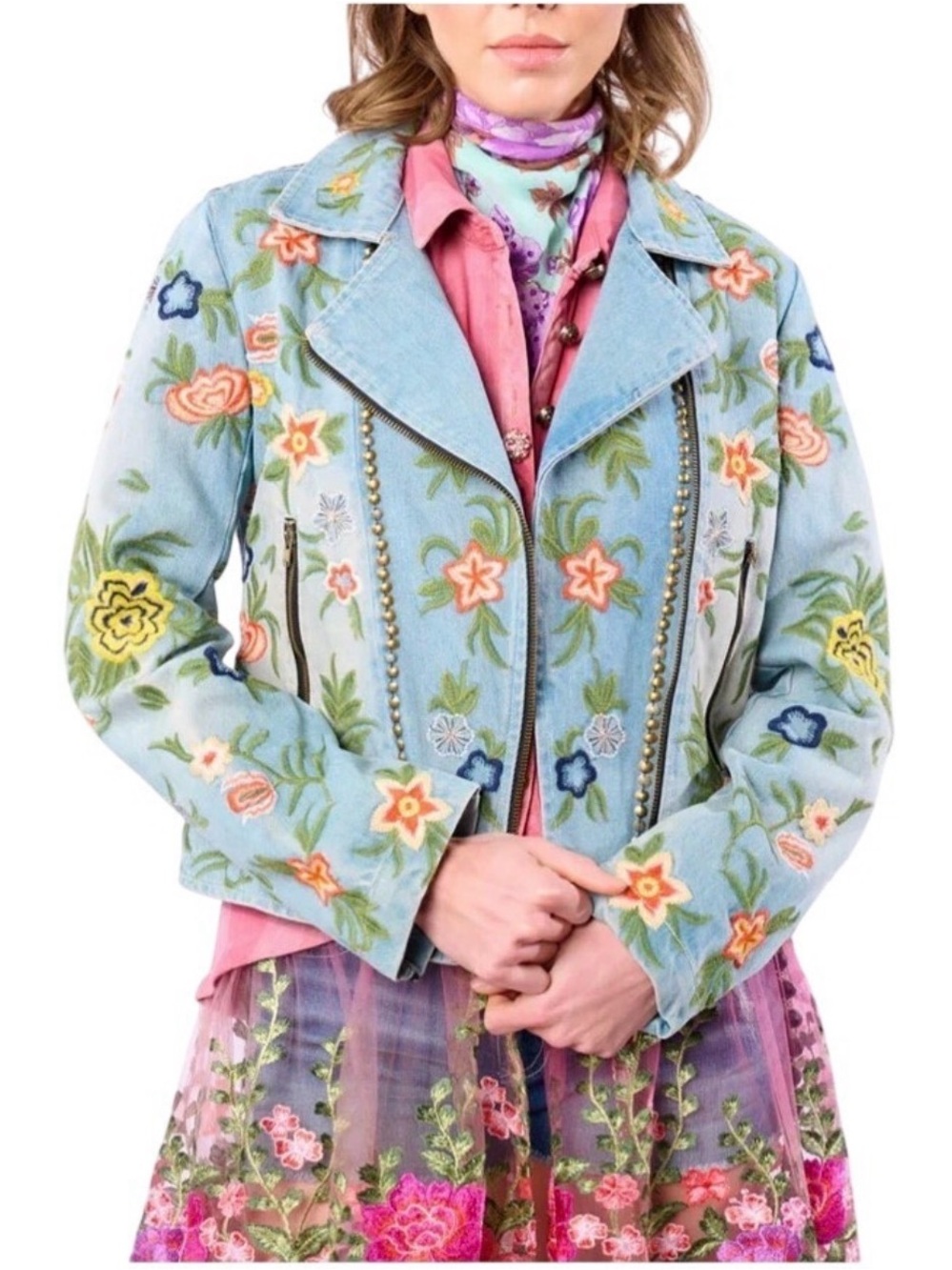 Aratta Blue Floral Embroidered Women's Denim Moto Jacket #boho #maximalist